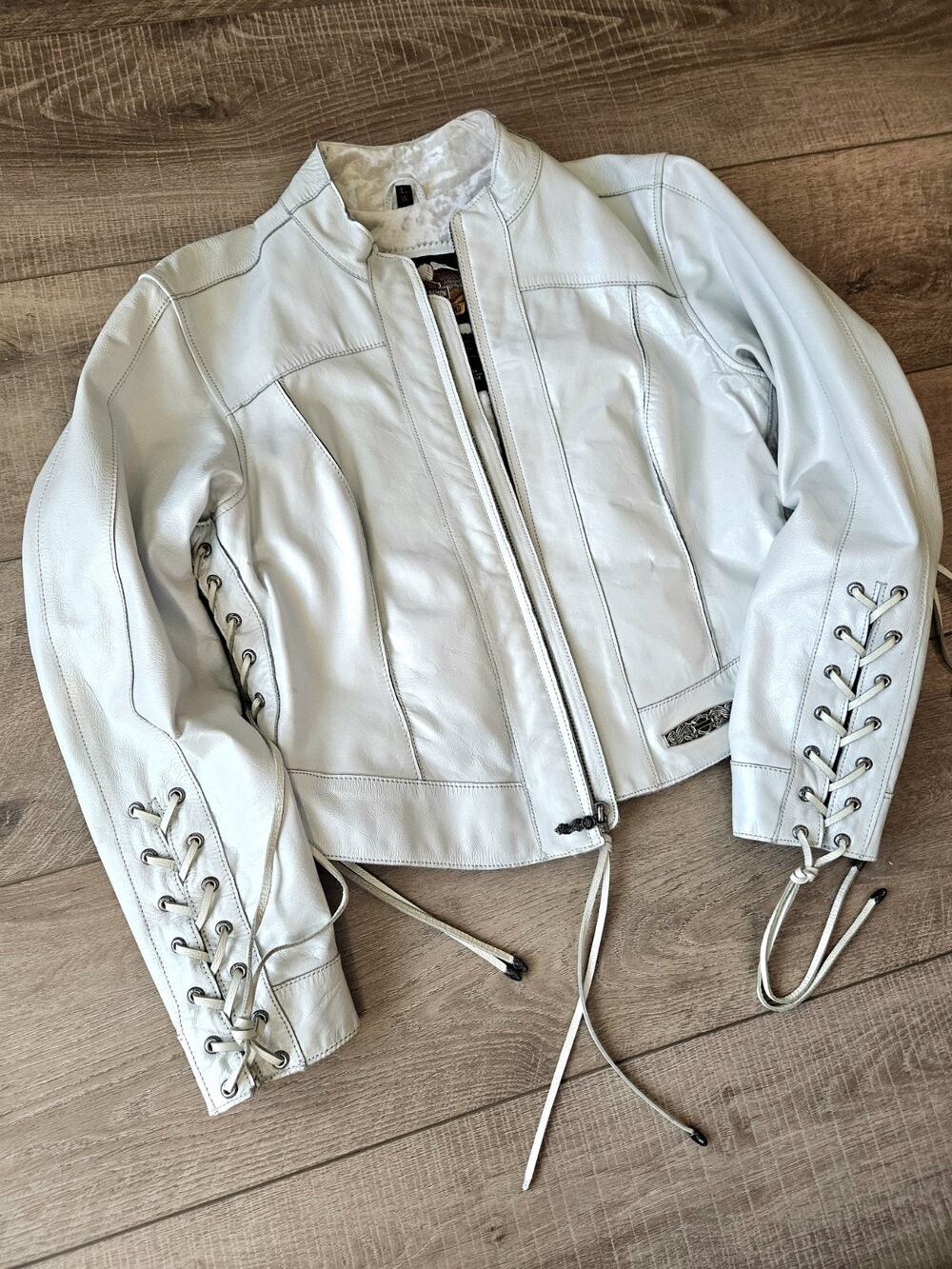 Vtg 2003 Harley Davidson Pearl White Leather Lace Up Motorcycle Biker Jacket S